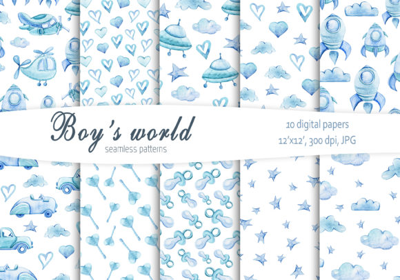 Watercolor Baby Boy Seamless Pattern Designs